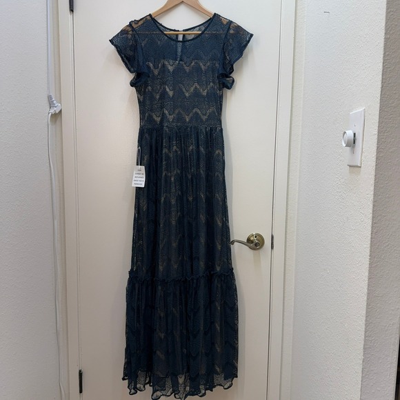 NWT Lace Maxi Dress Sm Teal Blue Gold Party Cocktail Romantic Lacey Rich Wedding - Picture 3 of 15